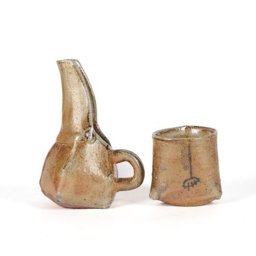 A PETRA REYNOLDS WOOD-FIRED SODA GLAZED STUDIO POTTERY JUG OR PITCHER (2)