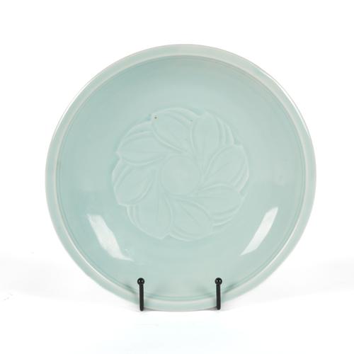 A DEREK EMMS CELADON GLAZED PORCELAIN DISH