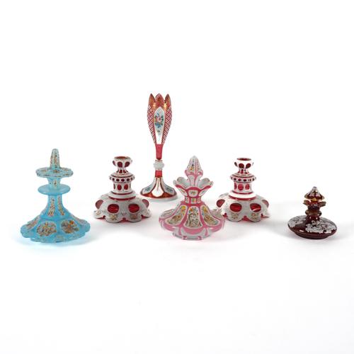 A BOHEMIAN CASED `BARFATAN' OPALINE GLASS SCENT BOTTLE AND STOPPER (9)