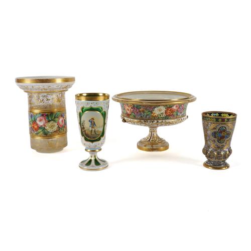 A BOHEMIAN WHITE OVERLAY TAZZA AND PEDESTAL (4)