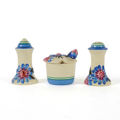 A CLARICE CLIFF `MARGUERITE' PATTERN THREE PIECE CRUET SET (4)