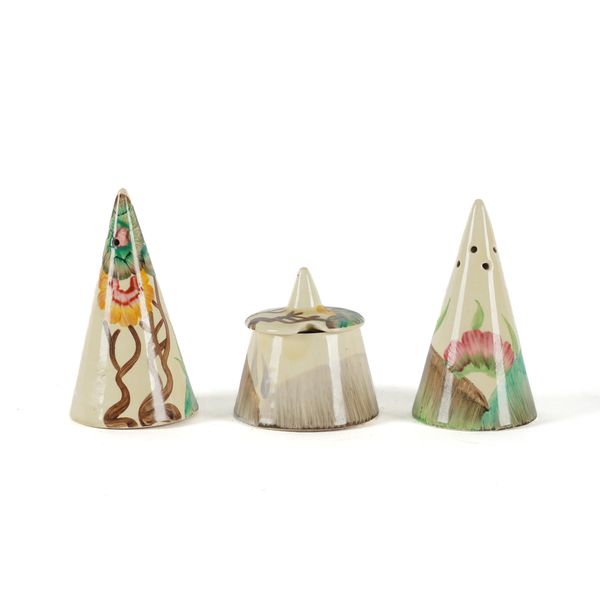 A CLARICE CLIFF `VISCARIA' PATTERN THREE PIECE CRUET SET ( 4)