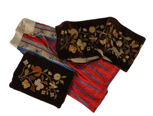TEXTILES: CHINESE QING EMBROIDERED FORBIDDEN STITCH SKIRT TOGETHER WITH TWO EMBROIDERED VELVET PANELS (3)