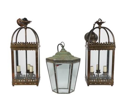 VAUGHAN DESIGNS: A PAIR OF BRONZE PATINATED METAL SQUARE SECTION HALL LANTERNS (3)