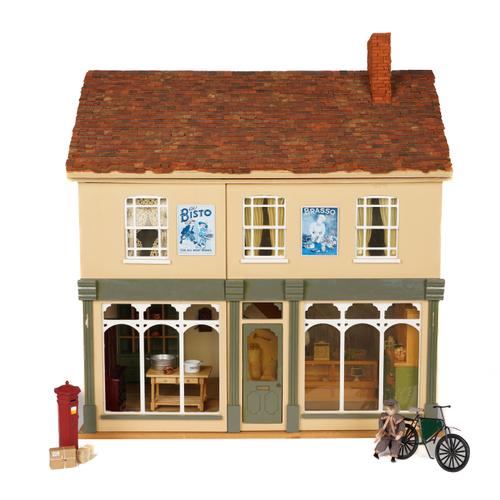 A PAINTED WOOD DOLL'S HOUSE OR MODEL SHOP WITH  FITTINGS AND ACOUTREMENTS (QTY)