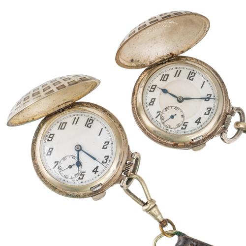 TWO SILVER PLATED NOVELTY GOLF BALL SHAPED HUNTING CASED FOB WATCHES (2)