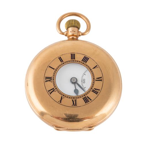A 9CT GOLD CASED, KEYLESS WIND, HALF HUNTING CASED POCKET WATCH