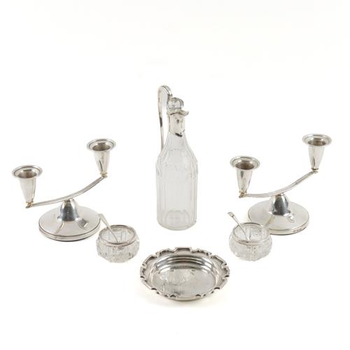 A PAIR OF SILVER TWIN LIGHT CANDELABRA AND SIX FURTHER ITEMS (8)