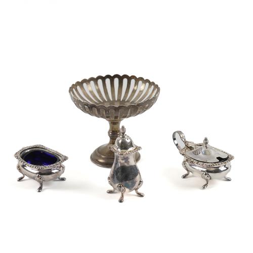 A SILVER THREE PIECE CONDIMENT SET AND A SILVER PEDESTAL BONBON DISH (2)