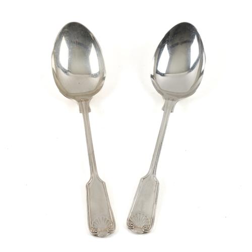 A PAIR OF SILVER DOUBLE STRUCK FIDDLE AND SHELL PATTERN TABLESPOONS (2)