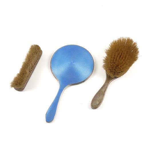 THREE SILVER AND BLUE ENAMEL MOUNTED DRESSING TABLE ITEMS (3)