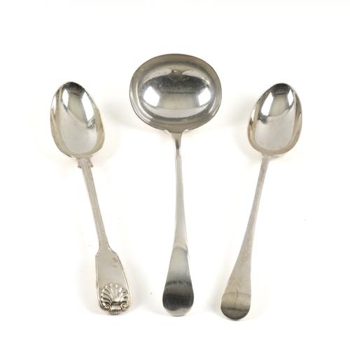 A VICTORIAN SILVER STUFFING SPOON, A PLATED STUFFING SPOON AND A PLATED SOUP LADLE (3)