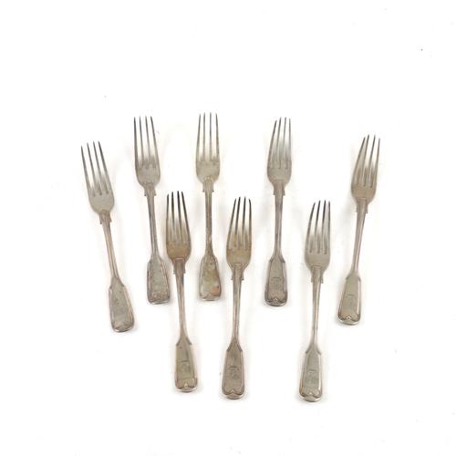 EIGHT SILVER DOUBLE STRUCK FIDDLE AND THREAD PATTERN DESSERT FORKS (8)