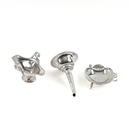 A SILVER TWIN HANDLED SAUCEBOAT, A SILVER BONBON DISH AND A PLATED WINE FUNNEL (3)