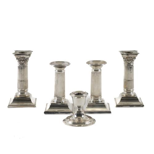 A PAIR OF SILVER CANDLETICKS, ONE SINGLE SILVER CANDLESTICK AND A PAIR OF SILVER PLATED CANDLESTICKS (5)