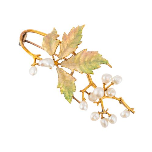 A GOLD, FRESHWATER PEARL AND PASTEL SHADED ENAMELLED BROOCH (2)