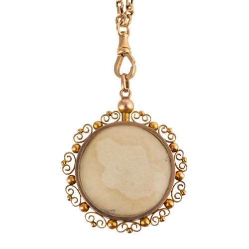 A LONG CHAIN AND CIRCULAR LOCKET