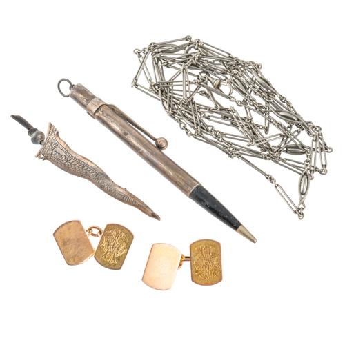 A PAIR 9CT GOLD CUFFLINKS AND THREE FURTHER ITEMS (4)