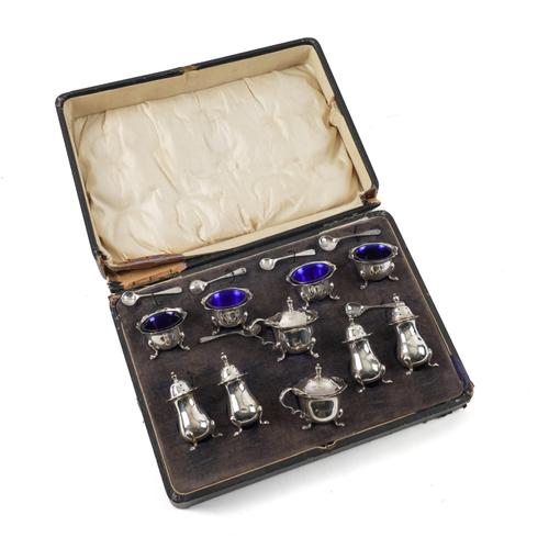 A SILVER TEN PIECE CONDIMENT SET