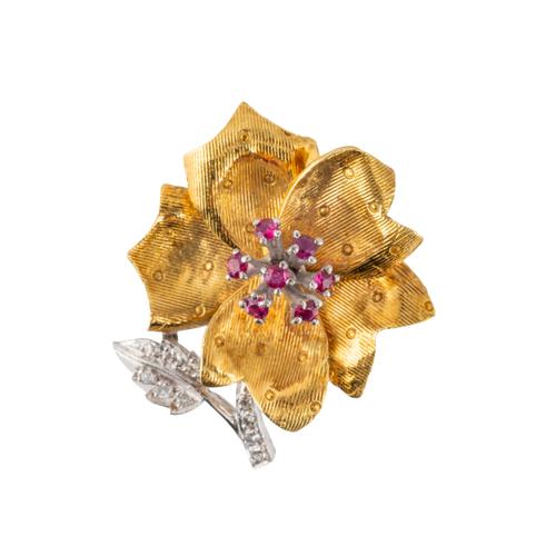 BEN ROSENFILED GOLD, DIAMOND AND RUBY FLORAL BROOCH