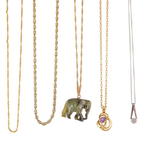 FIVE 9CT GOLD NECKLACES (5)