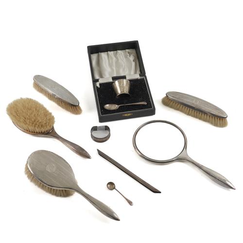 A SILVER MOUNTED SIX PIECE DRESSING SET AND FOUR FURTHER ITEMS (9)