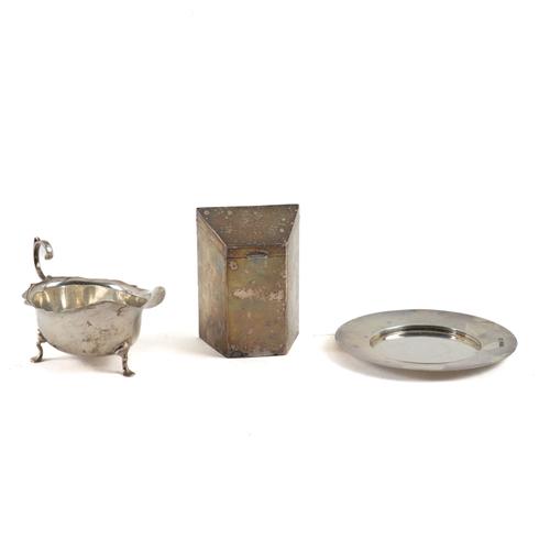 A SILVER HINGE LIDDED TEA CADDY AND TWO FURTHER ITEMS (3)