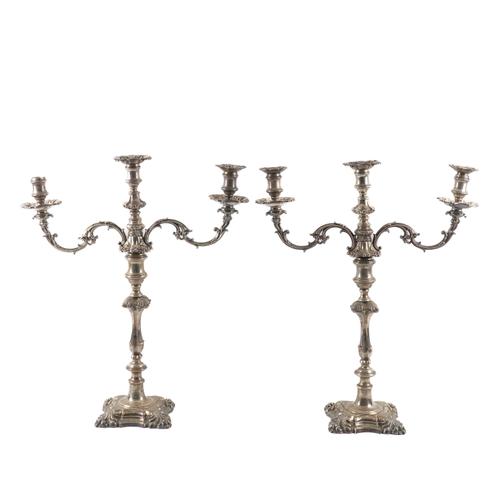 A PAIR OF VICTORIAN PLATED ON COPPER THREE LIGHT TABLE CANDELABRA (2)