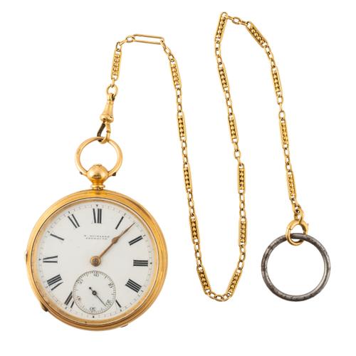 AN 18CT GOLD OPEN FACE W. RICHARDS ABERAVON POCKET WATCH AND CHAIN