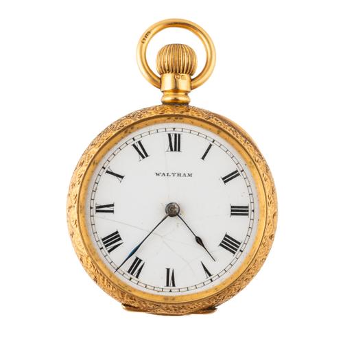 AN 18CT GOLD WALTHAM OPEN FACE POCKET WATCH