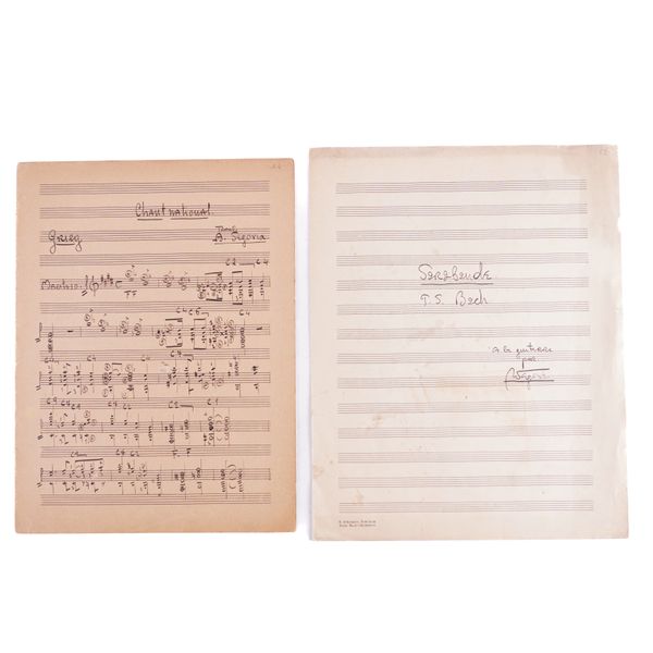 SEGOVIA, Andrés (1893-1987). Autograph music manuscripts comprising an important collection of transcriptions and works commissioned by Segovia for the guitar, [n.d.]. 21 manuscripts, together 60-pages, various sizes, 335 x 265mm to 225 x 175mm.