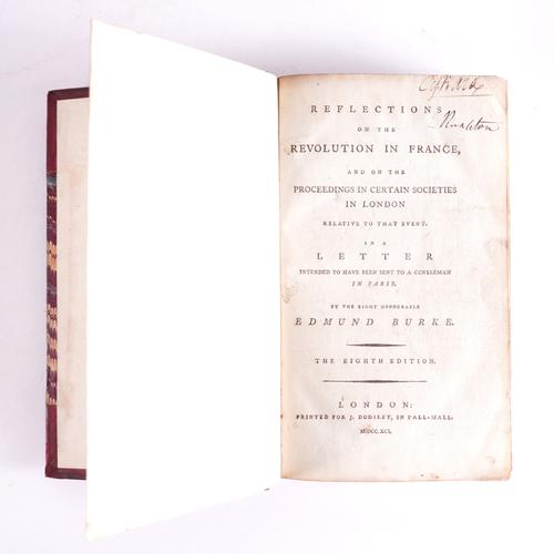 BURKE, Edmund (1729-97). Reflections on the Revolution in France ... The Eighth Edition, London, 1791 [Bound with Paine's:] Rights of Man ... Fourth Edition, London, 1791, 2 works bound in one, 8vo, 19th-century half calf.