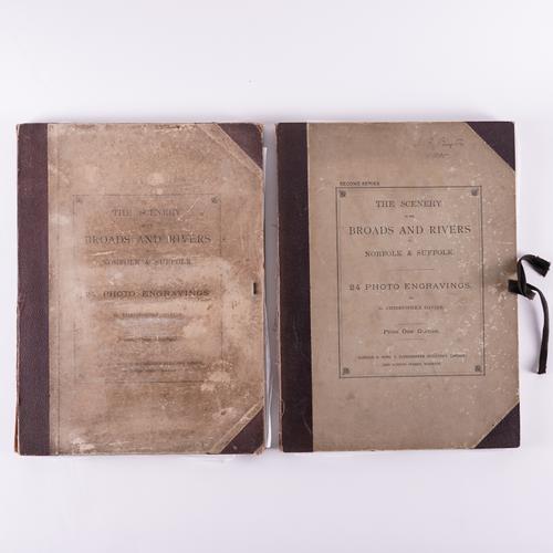 DAVIES, G. C. (1849-1922, photographer). The Scenery of the Broads and Rivers of Norfolk & Suffolk, London, [1883-84], First & Second Series, folio, 48 fine photogravure plates, unbound as issued in original half cloth portfolios. FIRST EDITION. RARE. (2)