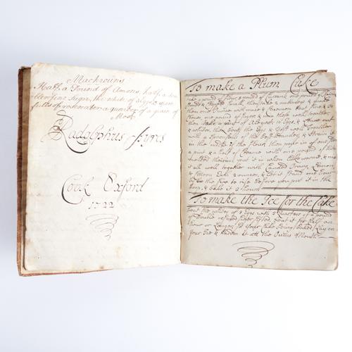 AYRES, Ralph (fl.early-mid-18th-century). A fine manuscript recipe book on paper containing 69 recipes on 38 leaves, inscribed, "Radolphus Ayres, Cook, Oxford, 1722", boards. A MANUSCRIPT COMPILED IN 1722 BY THE HEAD COOK OF NEW COLLEGE, OXFORD. RARE.