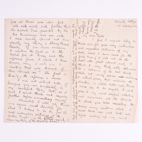 FRAZER, James George (1854-1941). An important autograph letter, signed ("J. G. Frazer"), four-pages, dated "Trinity College [Cambridge], 15 October 1902", to the classical scholar and archaeologist A. B. Cook.