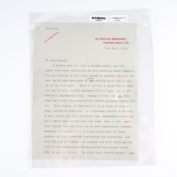 JAMES, Henry (1843-1916). Typed letter, signed ("Henry James"), to Joseph Conrad, 21 Carlyle Mansions, London, 19 June 1913. Two-and-a-half-pages, 229 x 175mm; with a printed pamphlet, "Three letters from Henry James to Joseph Conrad" (London, 1926).