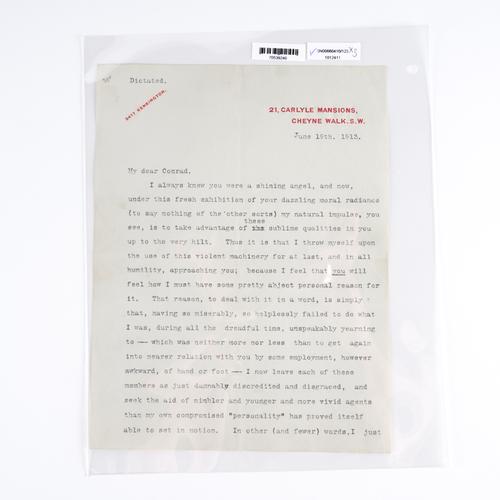 JAMES, Henry (1843-1916). Typed letter, signed ("Henry James"), to Joseph Conrad, 21 Carlyle Mansions, London, 19 June 1913. Two-and-a-half-pages, 229 x 175mm; with a printed pamphlet, "Three letters from Henry James to Joseph Conrad" (London, 1926).
