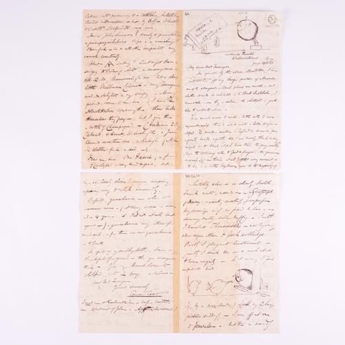 LEAR, Edward (1812-88). Illustrated autograph letter, signed ("Edward Lear"), to Emily, Lady Tennyson, address given phonetically as "Oatlands Parcotel, Waltnontems, Surry", 14 January 1861, four-pages, 180 x 225mm, illustrated with two self-caricatures.