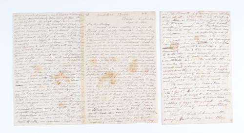 LEAR, Edward (1812-88). Illustrated autograph letter, signed ("Edward Lear"), to Hallam Tennyson, Varese and Monte Generoso, 16 and 21 September 1880. Four-pages, 210 x 130mm and 262 x 205mm, illustrated with a self-caricature of Lear as a bird.