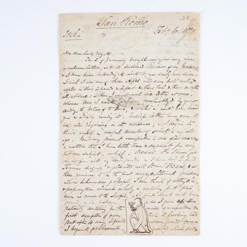 LEAR, Edward (1812-88). Illustrated autograph letter, signed ("Edward Lear"), to Mrs Digby Wyatt, San Remo, 6 February 1871. Two-pages, 210 x 265mm, illustrated with three self-caricature drawings.