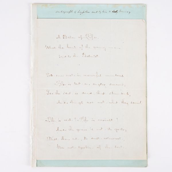 LONGFELLOW, Henry Wadsworth (1807-82). Autograph manuscript, signed ("Henry W. Longfellow"), of his poem, "A Psalm of Life", 25 October 1864. A fair copy of the complete poem on three-and-a-half-pages. With a letter by Harriet Martineau.