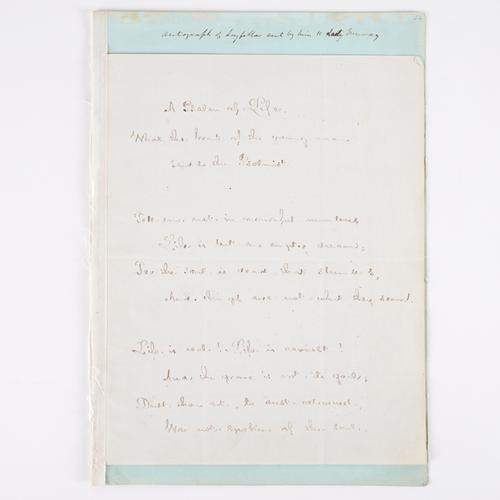 LONGFELLOW, Henry Wadsworth (1807-82). Autograph manuscript, signed ("Henry W. Longfellow"), of his poem, "A Psalm of Life", 25 October 1864. A fair copy of the complete poem on three-and-a-half-pages. With a letter by Harriet Martineau.