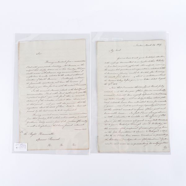 MIRANDA, Francisco de (1750-1816, President of the First Republic of Venezuela). Correspondence, in English, with the British Prime Minister Spencer Perceval and his Private Secretary, J. C. Herries, on the future of Venezuela and South America.