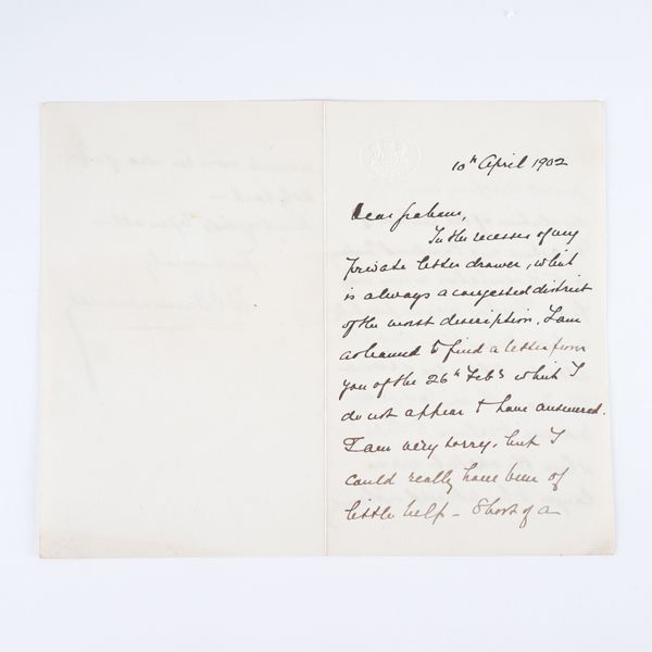 OMMANNEY, Edward Lacon, Colonel (1834-1914). Autograph letter, signed ("E. L. Ommaney"), to "Graham" [an unknown recipient], with the blindstamp of the "Colonial Office", 10th April 1902, three-pages, 180 x 115mm, 13 February [1897]. On Zionism.