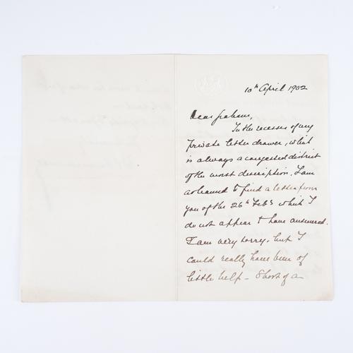 OMMANNEY, Edward Lacon, Colonel (1834-1914). Autograph letter, signed ("E. L. Ommaney"), to "Graham" [an unknown recipient], with the blindstamp of the "Colonial Office", 10th April 1902, three-pages, 180 x 115mm, 13 February [1897]. On Zionism.