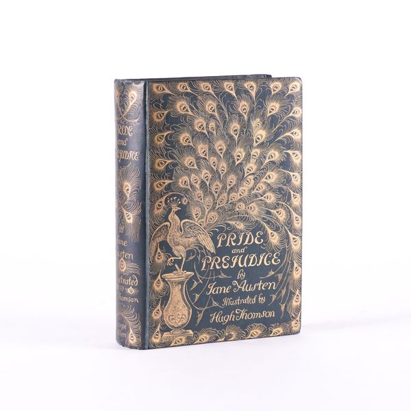 BINDING - Jane AUSTEN (1775-1817). Pride and Prejudice, London, 1894, 8vo, illustrations by Hugh Thomson, FINELY BOUND in original elaborate cloth gilt, the upper cover with a peacock's tail design in gilt. FIRST EDITION IN THE "PEACOCK BINDING".