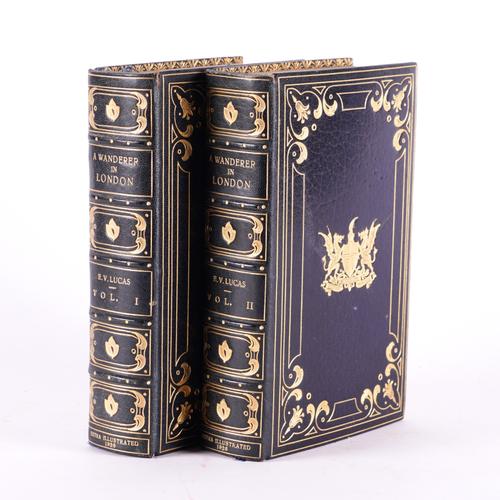 BINDING WITH FORE-EDGE PAINTINGS -  E. V. LUCAS (1868-1938). A Wanderer in London, London, 1926, 2 volumes, 8vo, EXTRA-ILLUSTRATED, FINELY BOUND by Bayntun in blue morocco, EACH VOLUME WITH A FORE-EDGE PAINTING. Provenance: W. A. FOYLE (bookplate). (2)