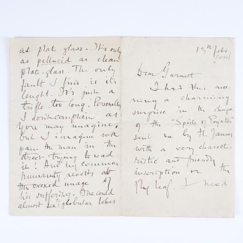 CONRAD, Joseph (1847-1924). Autograph letter, signed ("J. Conrad"), to [Edward] Garnett, [n.p.], 13 February [1897]. Six-pages, 159 x 100mm, on a bifolium and a singleton. On his pleasure at an acknowledgement from Henry James. (6)
