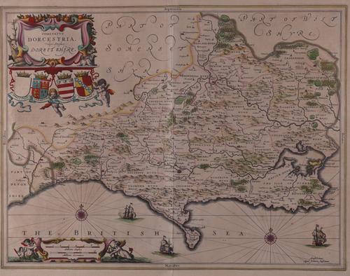 JANSSON, Jan (1588-1664). Comitatus Dorcestria, vulgo Anglice, Dorset Shire, Amsterdam, [n.d. but c.1650, or a later, possibly a 19th-century, reprint], hand-coloured engraved map of Dorset, 370 x 490mm., framed and glazed. With 2 other maps. (3)