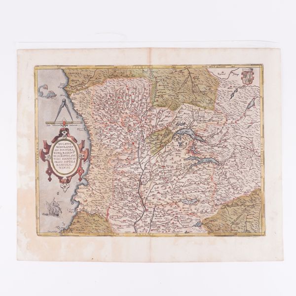 [ORTELIUS, Abraham (1527-98]. Ducatus Mediolanensis, [Antwerp: c.1592], hand-coloured engraved map of northern Italy including Milan and the lakes (some staining), 350 x 470mm., unframed.